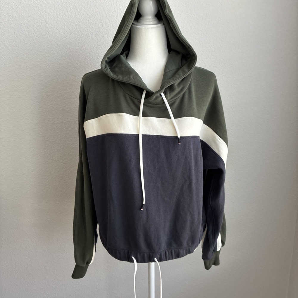 Fourlaps Womens Navy Green White Pullover Hoodie Fitness Casual Style Small Gym